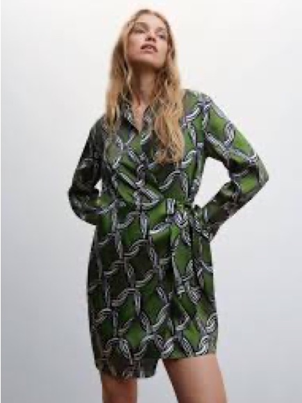 Mango Green Chain Print Long-Sleeve Shirtdress Large Nwt